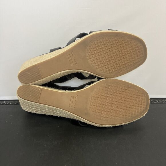 Cole Haan Crystal Womens Size 9.5B Shoes Black Leather Wedge Espadrille Sandals - Picture 10 of 13